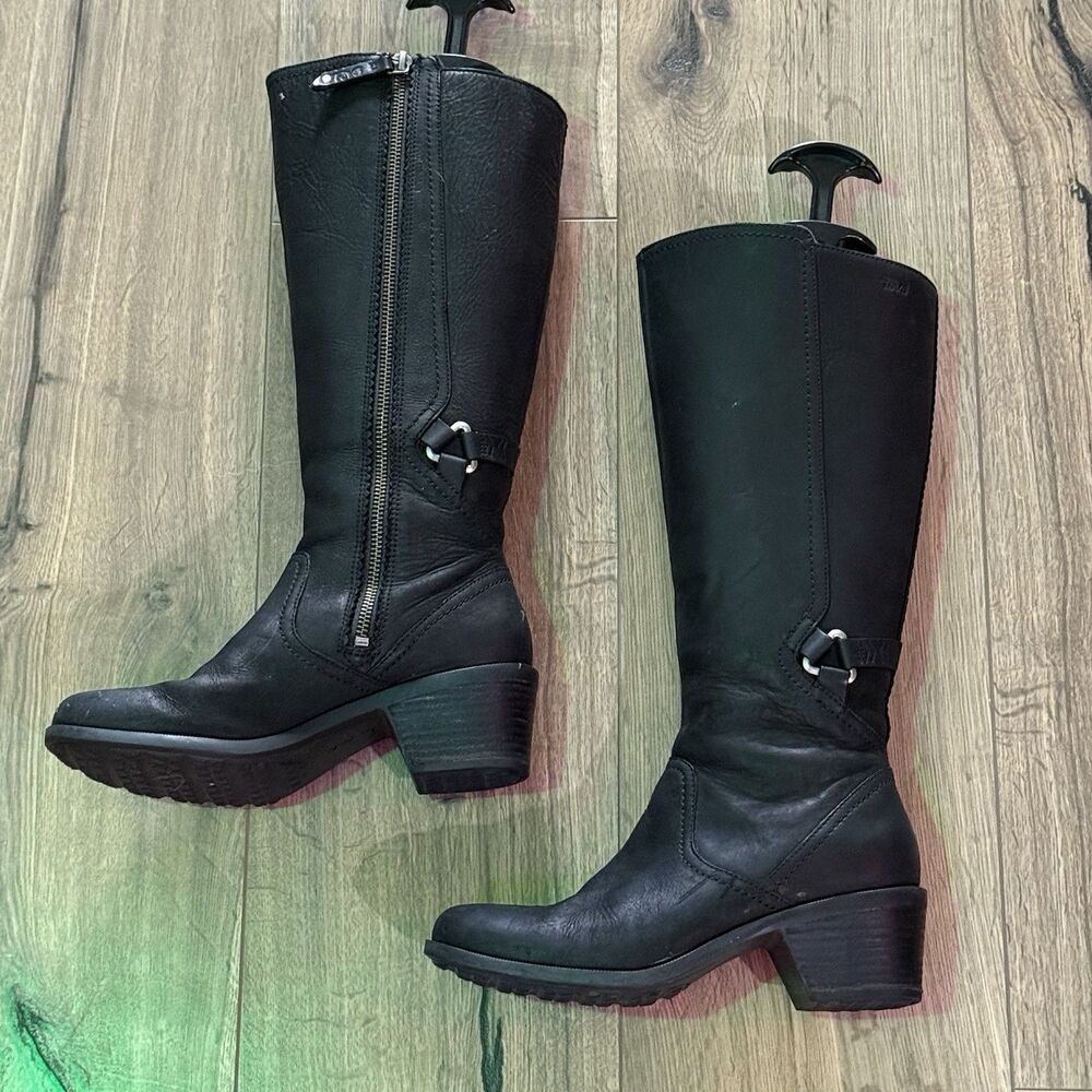 Women’s 7- Teva Foxy Black Waterproof Leather Tall Riding Boots Side Zip Buckle